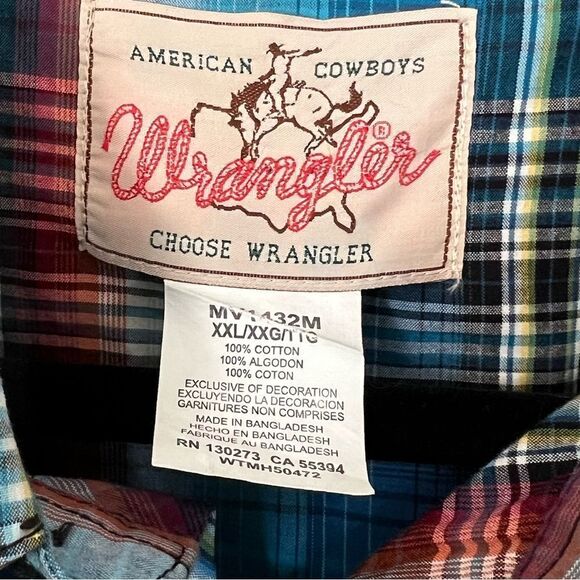 Wrangler Shirt Men’s Long Sleeve Blue Plaid Black Pearl Snaps Size XXL Cowboy - Picture 5 of 8